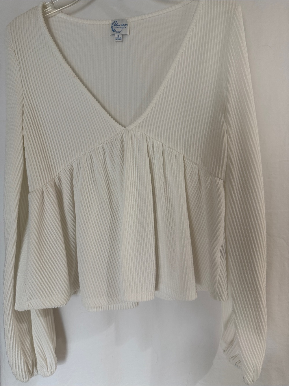 Blue Rain x Francesca's Collections Cream Ribbed V-Neck Peplum Long Sleeve Top S